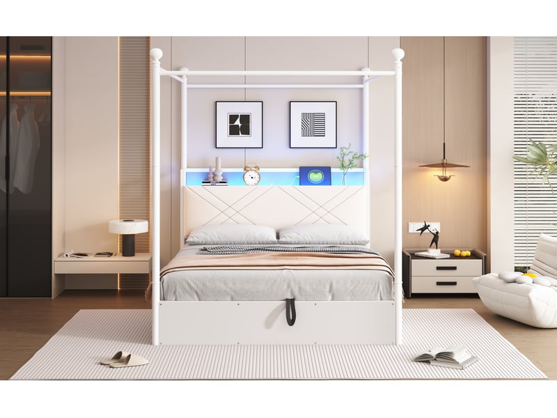  Modenvie lit à baldaquin 140x190 cm - rangement hydraulique, led et ports usb-c - pour petit espace - blanc  - Conforama D