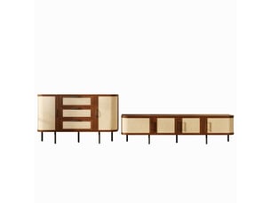 Ensemble meuble tv bas et buffet de rangement - façades effet cannage, poignées noires, mdf - noyer