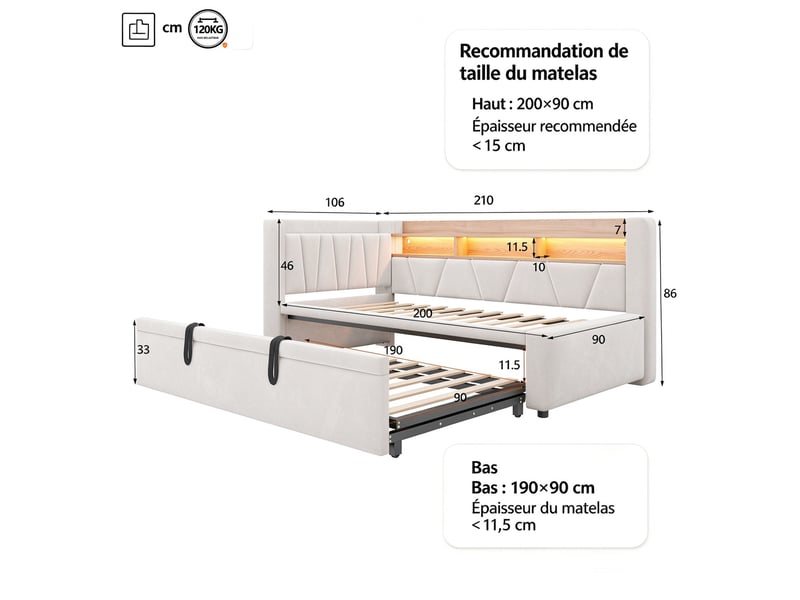  Lit banquette extensible 90 à 180 × 200 cm en velours beige, usb et led IKSETERA TRADING LTD - Conforama C