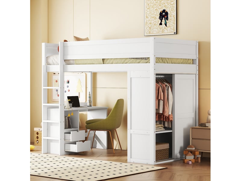  Lit mezzanine enfant 90x200 cm avec bureau et armoire bois et mdf blanc sans matelas  - Conforama B