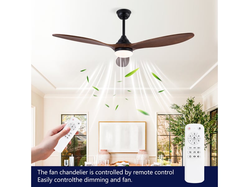  Ventilateur de plafond intérieur 132 cm noir avec éclairage led dimmable 3 cct, 3 pales en bois massif, moteur dc silencieux réversible  - Conforama D