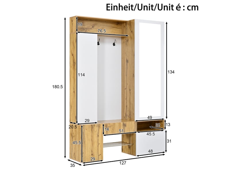  Vestiaire d'entrée 127x35x180,5 cm, miroir, penderie avec tringle et patères, meuble à chaussures, mdf, blanc et naturel OMNIGLINT TRADING LTD - Conforama C
