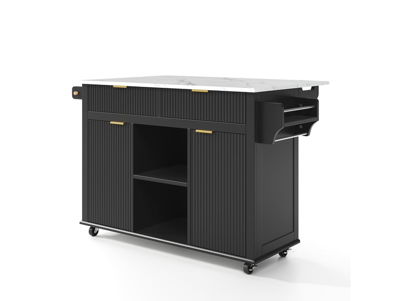  Îlot de cuisine 143 cm, plateau rabattable effet marbre, 2 tiroirs, portes rainurées, roulettes, noir et blanc  - Conforama A