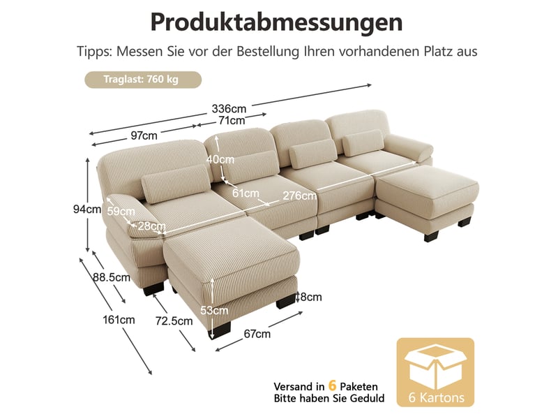  Canapé modulable tcqpz 4 places avec 2 poufs 336 x 161 x 94 cm velours côtelé beige  - Conforama C