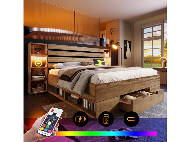  Lit double 160x200 cm avec led, ports usb type-c et rangements, métal et bois, chêne sans matelas  - Conforama E