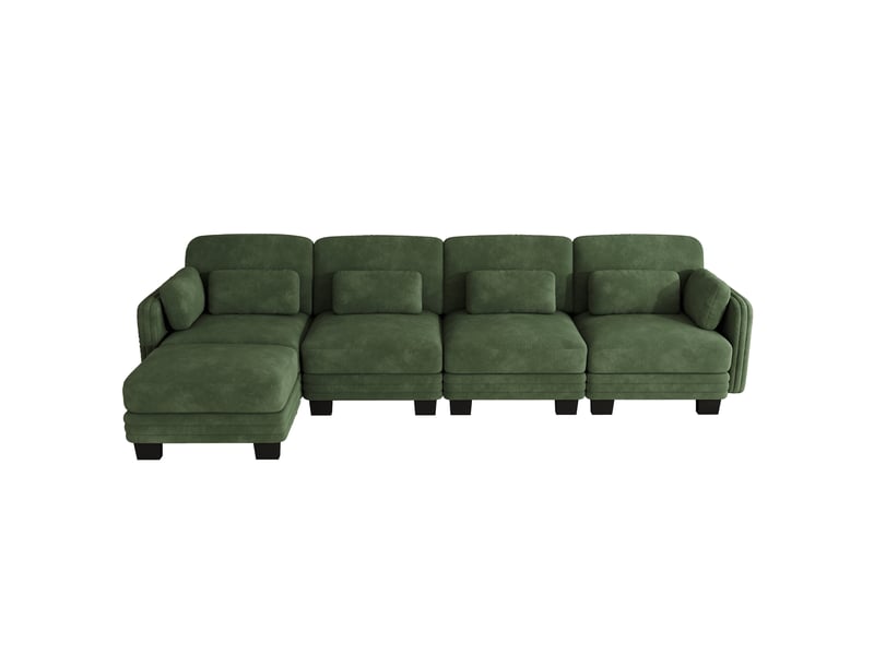  Canapé d’angle modulaire 4 places 330x143x88 cm avec pouf, coussins lombaires et accoudoirs, chenille vert  - Conforama A