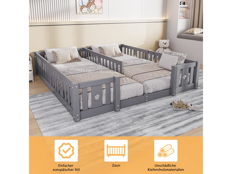 Lit au sol enfant 180x200cm - lit montessori avec barrière de sécurité - lit double 2 places pour bébé ou enfant - pin massif gris - sans sommier - Conforama C