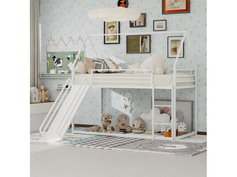  Lit superposé 90x190cm maison avec toboggan, garde-corps hauts, structure en fer stable, 1 sommier, blanc, sans matelas  - Conforama B