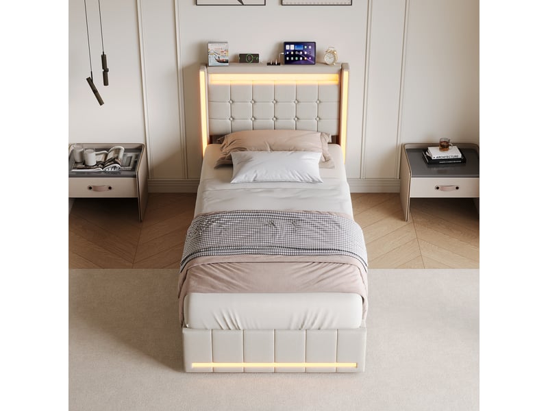  Lit rembourré 90 x 200 cm avec éclairage led, port de chargement usb, double tiroir, beige  - Conforama D