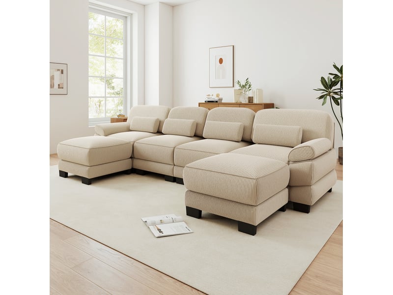 Canapé modulable en u 4 places 336 x 161 x 94 cm, 2 poufs, assise profonde, soutien ergonomique, velours côtelé beige  - Conforama B