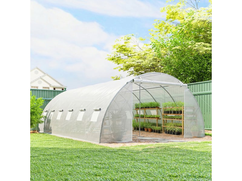  Serre tunnel avec 2 barres de support, 2 portes enroulables et fenêtres en filet, bâche en pe anti-uv, blanche  - Conforama D