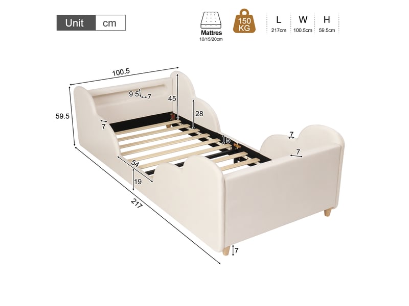  Lit enfant 90 × 200 cm avec barrière, veilleuse, usb, type-c et étagères, sans matelas, en velours, beige  - Conforama D
