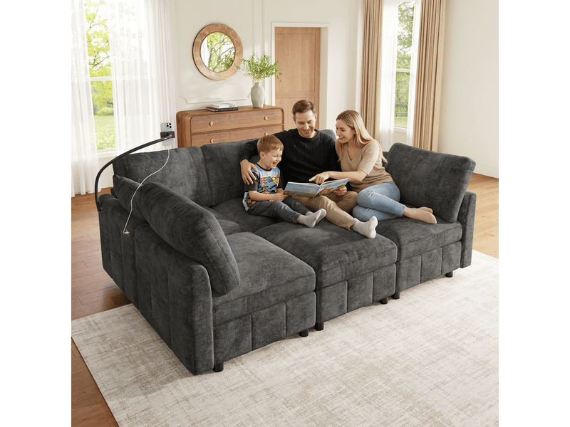 Canapé modulable convertible 6 places en chenille gris, 218 cm, usb-c et pouf IKSETERA TRADING LTD - Conforama E