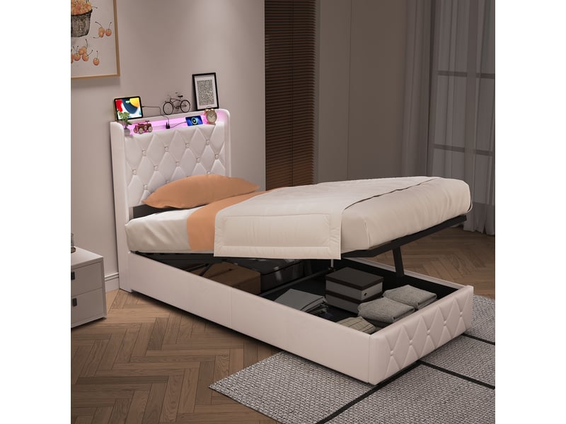  Lit adulte 90 x 200 cm – lit simple – lit coffre – éclairage led – ports usb et type‑c –  sommier à lattes – velours beige  - Conforama B