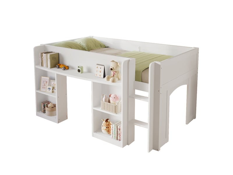 Lit mi-hauteur enfant 90x200cm, bibliothèque intégrée, étagères ouvertes, led multicolore, espace de jeu, mdf et pin - blanc - Conforama A