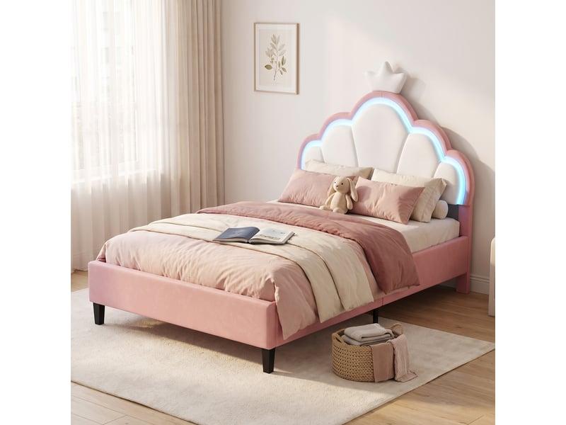  Lit enfantadolescent princesse avec tête de lit couronne &amp; led - 90x200 cm - rose &amp; velours blanc  - Conforama D