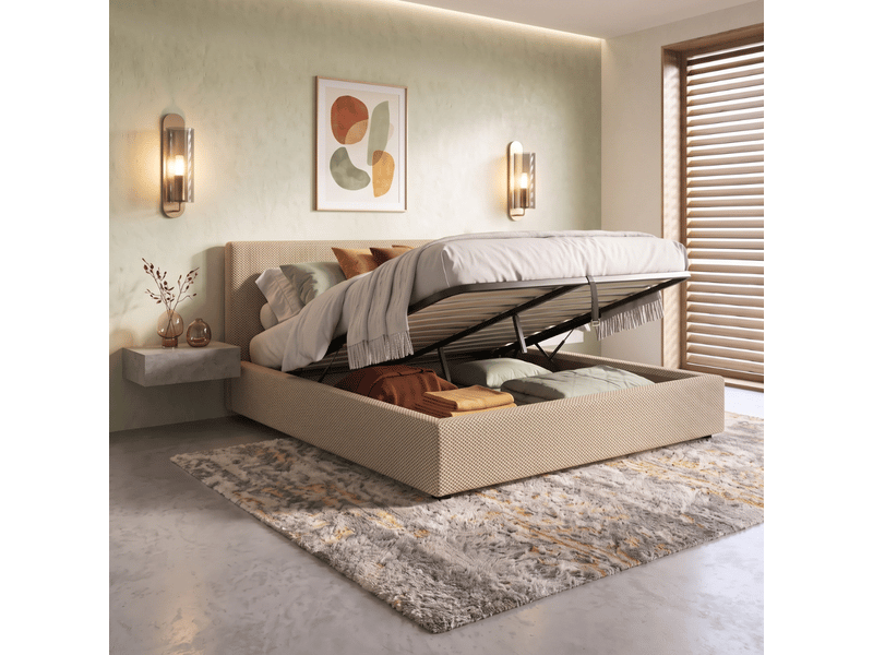  Lit coffre versailles 90x190cm - tissu mesh 3d beige - tête de lit avec grand espace de stockage C02-LTC50 90/190 3DBE - Conforama B