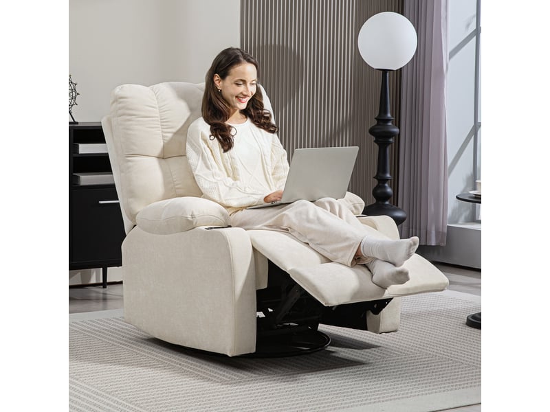  Fauteuil relax inclinable beige, pivotant et à bascule, repose-pieds manuel et deux porte-gobelets pour salon, tissu aspect lin  - Conforama B