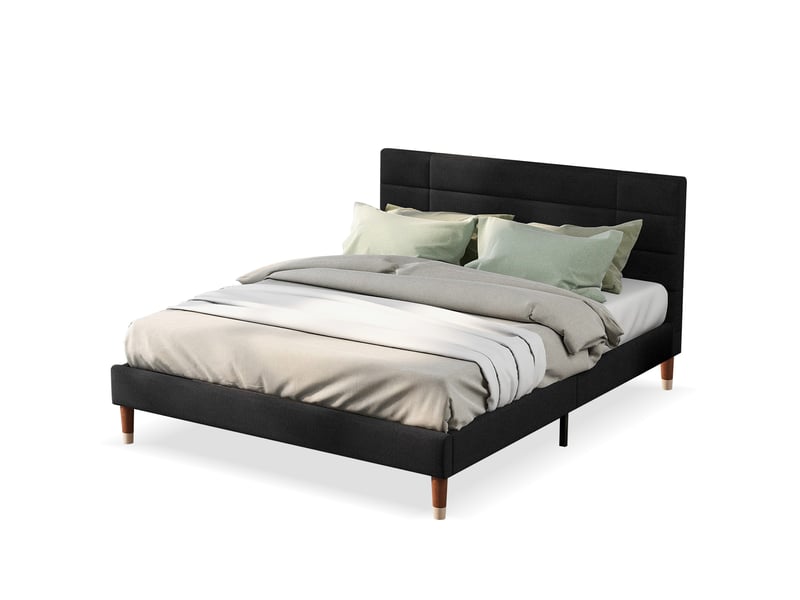  Lit adulte 140x200 cm, tête de lit, structure en bois, sommier, style moderne, lin noir, sans matelas  - Conforama A