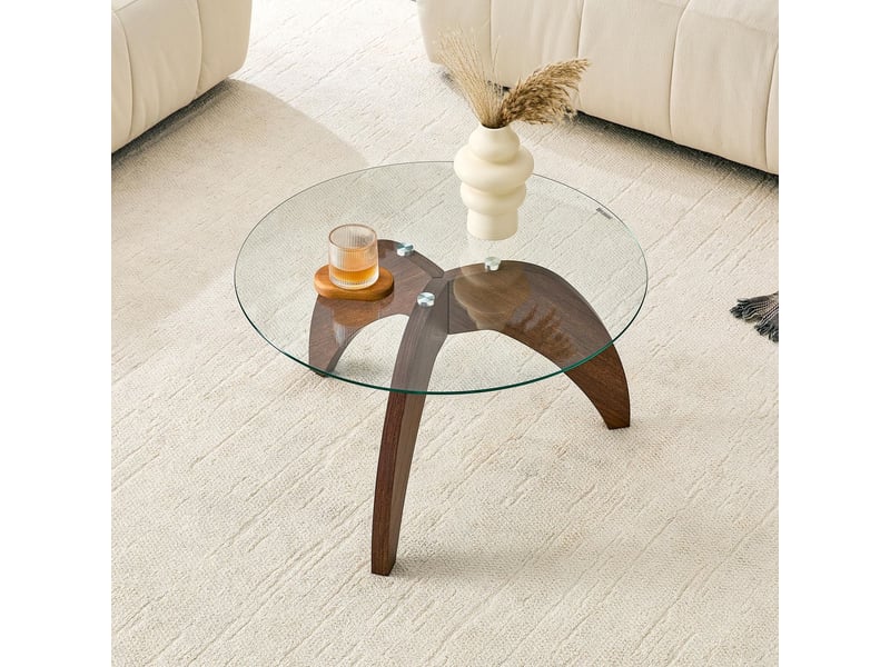 Table basse plateau en verre trempé forme ronde piètement stable à 3 pieds en mdf coloris bois foncé  - Conforama B