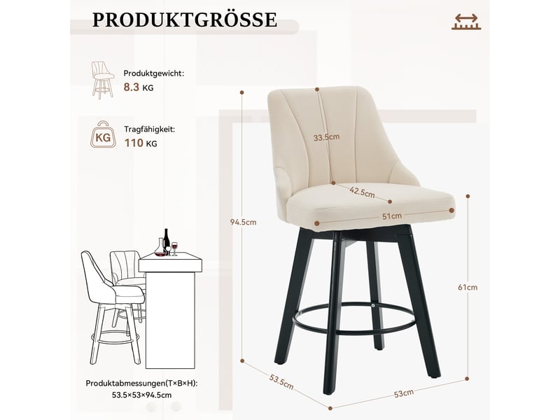 Lot de 2 tabourets de bar,53x53,5x94,5 cm,pivotants,chenille,beige  - Conforama C