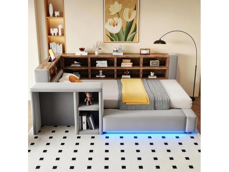  Lit combiné, 90x200 cm, doté de solutions de rangement, led, prises intégrées, matelas non inclus, mdf, coloris gris  - Conforama D