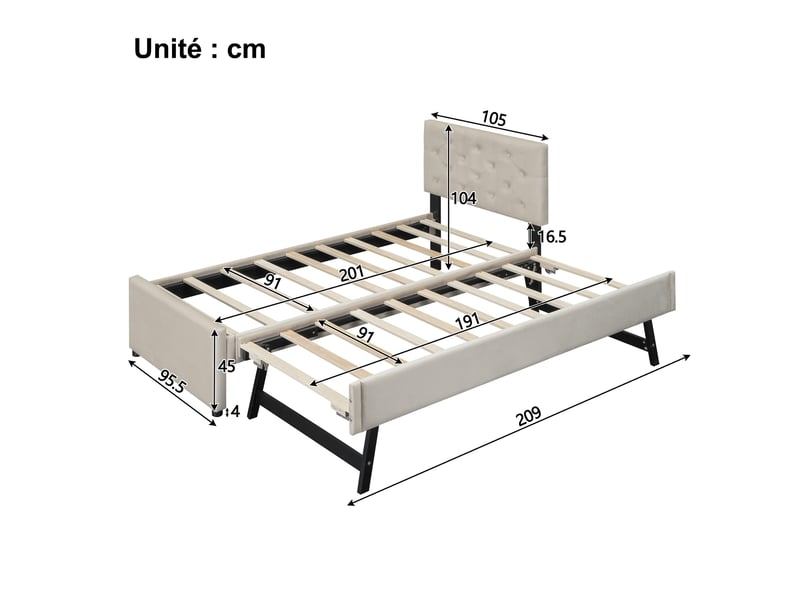  Lit gigogne 90 x 200 cm - lit simple avec roulettes et lit extensible - velours - sans matelas - beige  - Conforama C