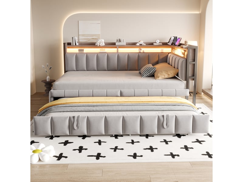 Canapé-lit 90 x 200 cm – avec lit gigogne – avec éclairage led – avec ports usb et type-c – gris clair (matelas non inclus) - Conforama D