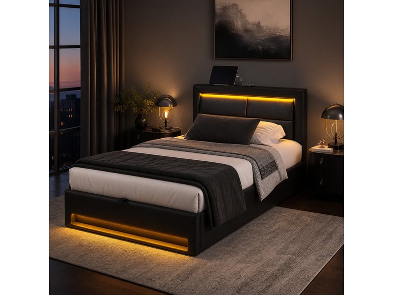 Lit rembourré 90x200 cm avec led, usb et rangement, pu noir - Conforama D