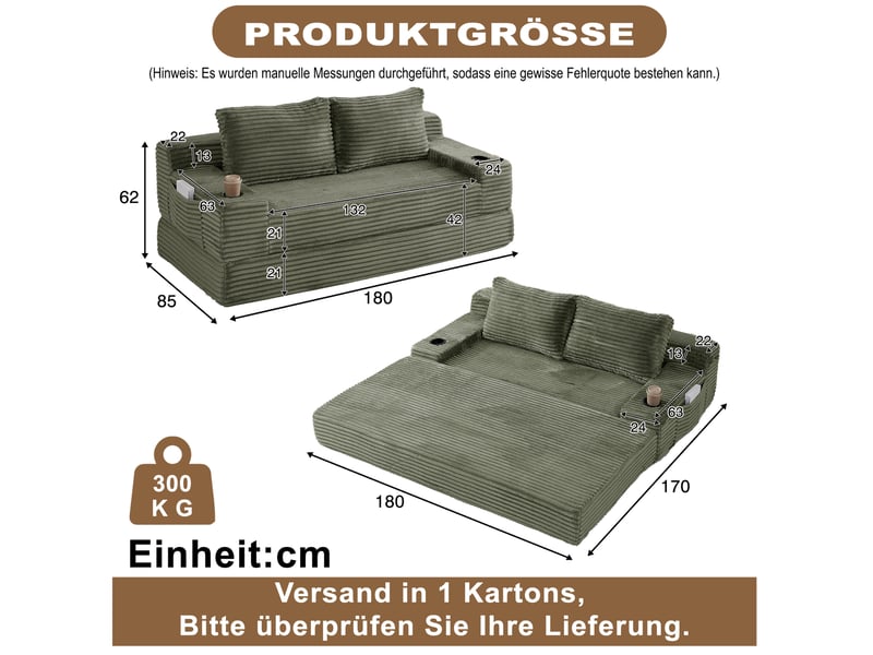  Canapé convertible 2 places avec porte-gobelets, poches latérales et 2 coussins en velours côtelé vert  - Conforama C
