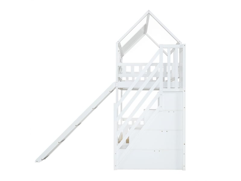 Lit superposé 90x200cm - avec toboggan et tiroirs - lit superposé enfant - forme cabane, escalier rangement, pin massif, blanc - Conforama D