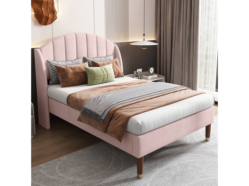  Lit simple 90x200 cm - lit capitonné adolescent - velours - sans matelas - rose  - Conforama D