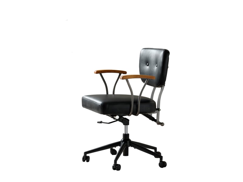  Chaise de bureau en cuir noir avec accoudoirs en chêne, réglable en hauteur, pivotante et à roulettes  - Conforama D