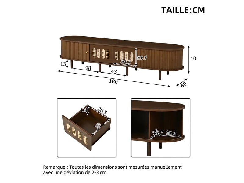  Meuble tv 180 cm noyer et rotin - 2 tiroirs portes coulissantes mdf - pour tv 80 pouces  - Conforama C