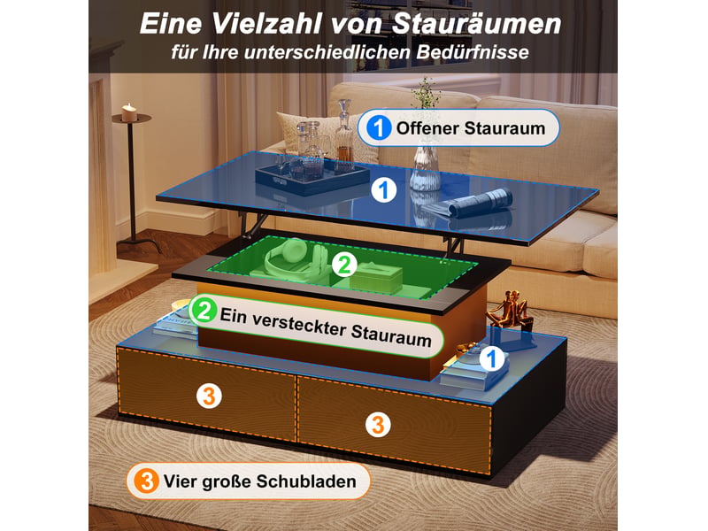  Table basse led noire brillante – 4 tiroirs et plateau relevable – 90 x 55 x 41 cm  - Conforama E