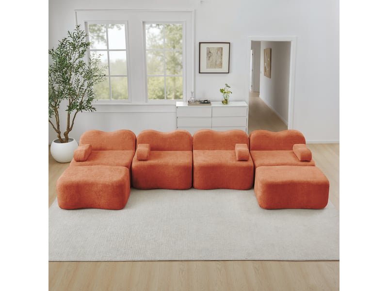 Canapé modulable 4 places en u, canapé en velours orange avec deux poufs, mousse haute densité 32d pour salon - Conforama R