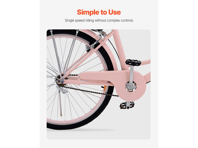 Vevor vélo croiseur de plage rose 1 vitesse 660,4 mm avec grand panier et siège - Conforama D