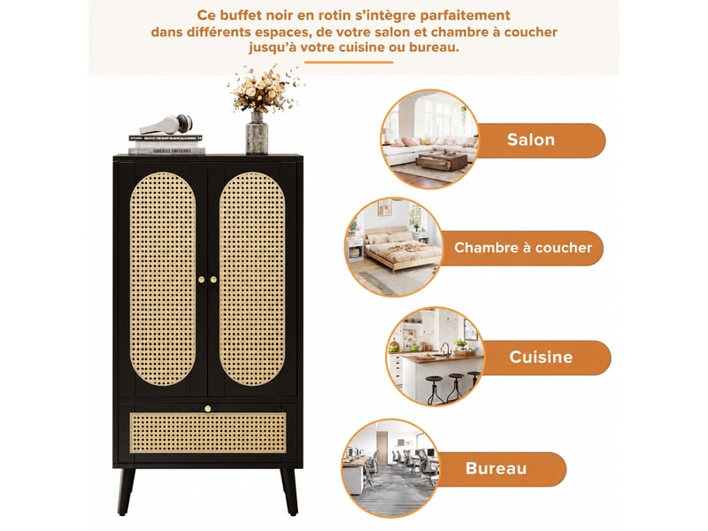  Buffet noir en rotin à 2 portes et 1 tiroir, hauteur 110,5 cm  - Conforama D