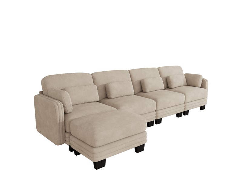  Canapé d’angle modulaire 4 places 330x143x88 cm, avec 1 pouf, coussins lombaires et accoudoir, chenille café clair  - Conforama A