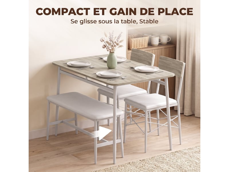  Ensemble table salle à manger avec 2 chaises et banc, assises rembourrées, petit espace, pour salon, chêne et blanc  - Conforama E