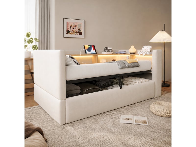 Lit banquette 90 × 190 cm 1 place avec coffre, led, prises et étagères, sans matelas, en flanelle beige - Conforama C