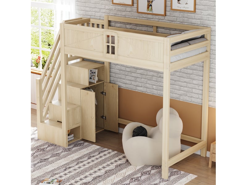 Lit mezzanine 90x200 cm avec rangement et échelle réversible en bois coloris naturel  - Conforama B