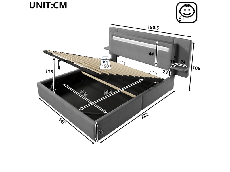  Lit coffre 140x200 cm, lit 2 places avec rangement hydraulique, led multicolore, mdf couleur gris sans matelas  - Conforama C