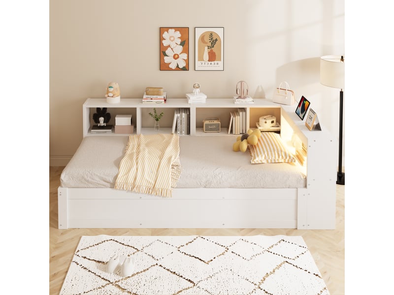  Canapé-lit 90x200 cm, lit enfant, couchage d'appoint, rangement hydraulique, led, bois blanc, prise intégrée  - Conforama A