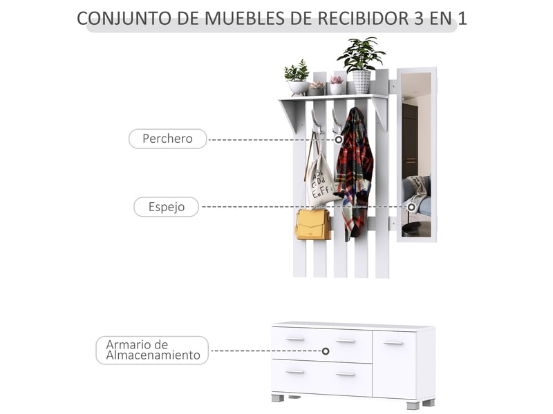  Ensemble d'entrée avec miroir, porte-manteau, étagère à chaussures, 3 crochets, étagère et 2 tiroirs, blanc  - Conforama E