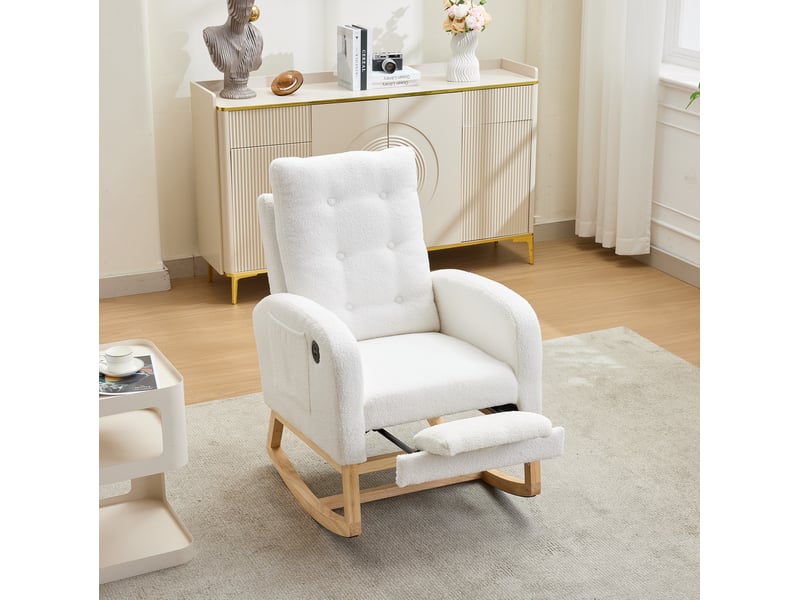  Fauteuil à bascule blanc en bouclé avec repose-pieds extensible et ports usbusb-c - 66,5 x 121,5 x 102 cm  - Conforama C