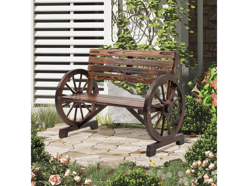 Banc de jardin 2 places en bois, avec structure à lattes et accoudoirs en forme de roue de chariot, 105,5 x 56 x 79 cm, brun brûlé - Conforama B