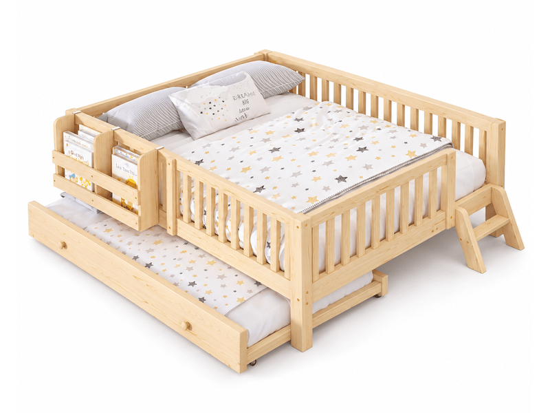  Lit gigogne 140x200 cm, couchage enfant avec barrières, sommier à lattes inclus, étagère et échelle réversibles, pin massif et mdf, naturel OMNIGLINT TRADING LTD - Conforama A