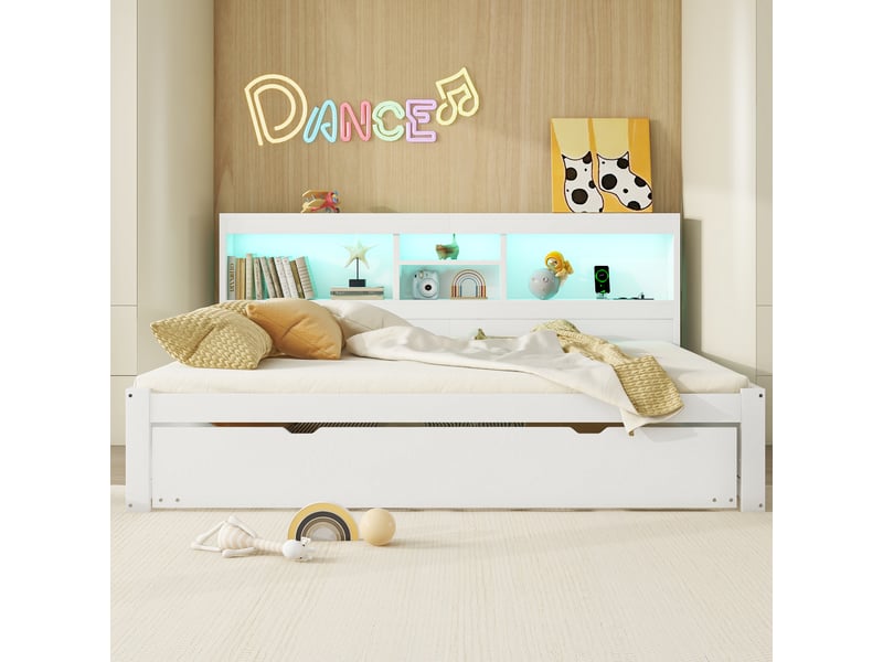  Canapé-lit 140x200 blanc avec lit gigogne extensible, éclairage led, prise usb et rangement  - Conforama B