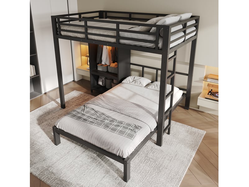  Lit superposé 120 × 200 cm, 2 couchages avec armoire intégrée, led et échelle droite, sans matelas, métal noir  - Conforama C